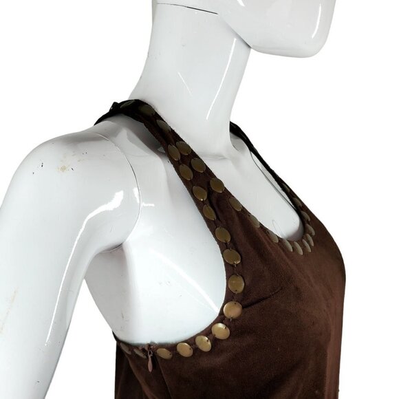 Retro Metal Embellished T Back Tunic Top Brown Microfiber Lee and Joe Womens Med - Picture 9 of 14